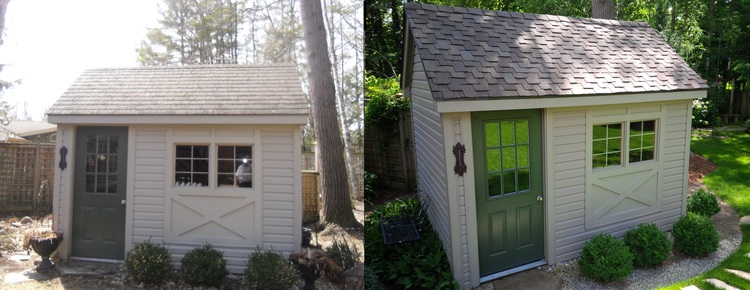 Before and after shed roof renovation using CertainTeed Presidential shingles