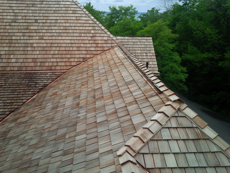 Cedar shingles installed on a residential roof